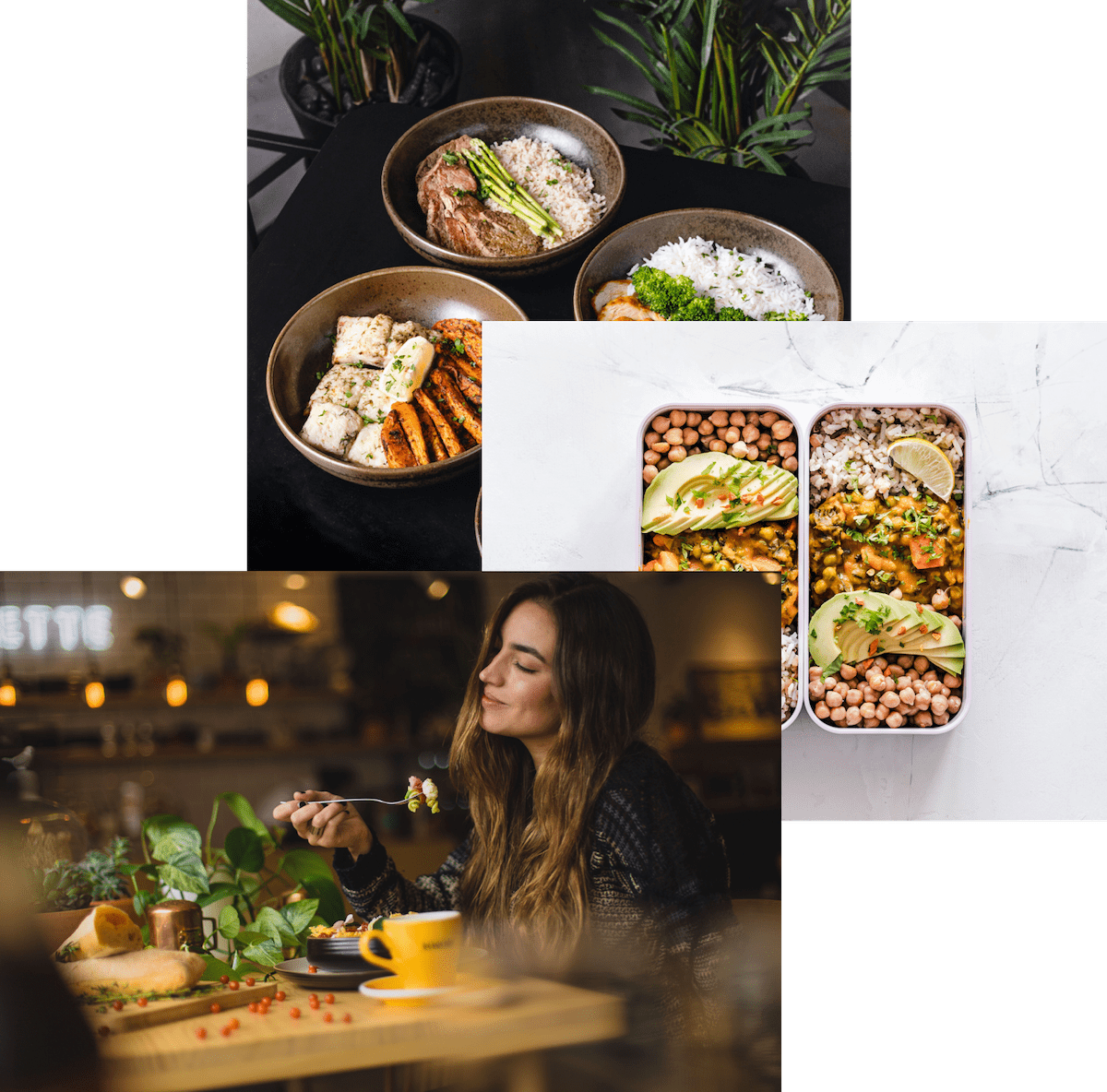 Woman enjoying food,meals in storage container, and food bowls on a table
